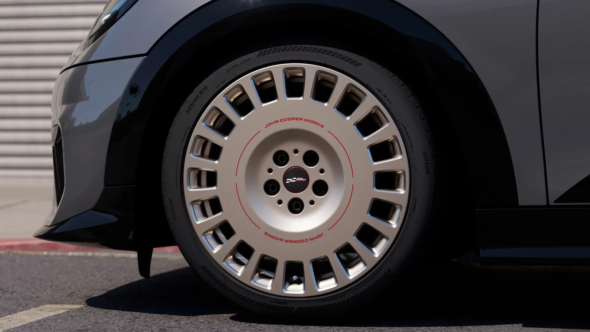 MINI JCW 18" Rallye Spoke 964 alloy wheels in a Vibrant Silver and diamond-milled finish with approved star-marked tyres. 