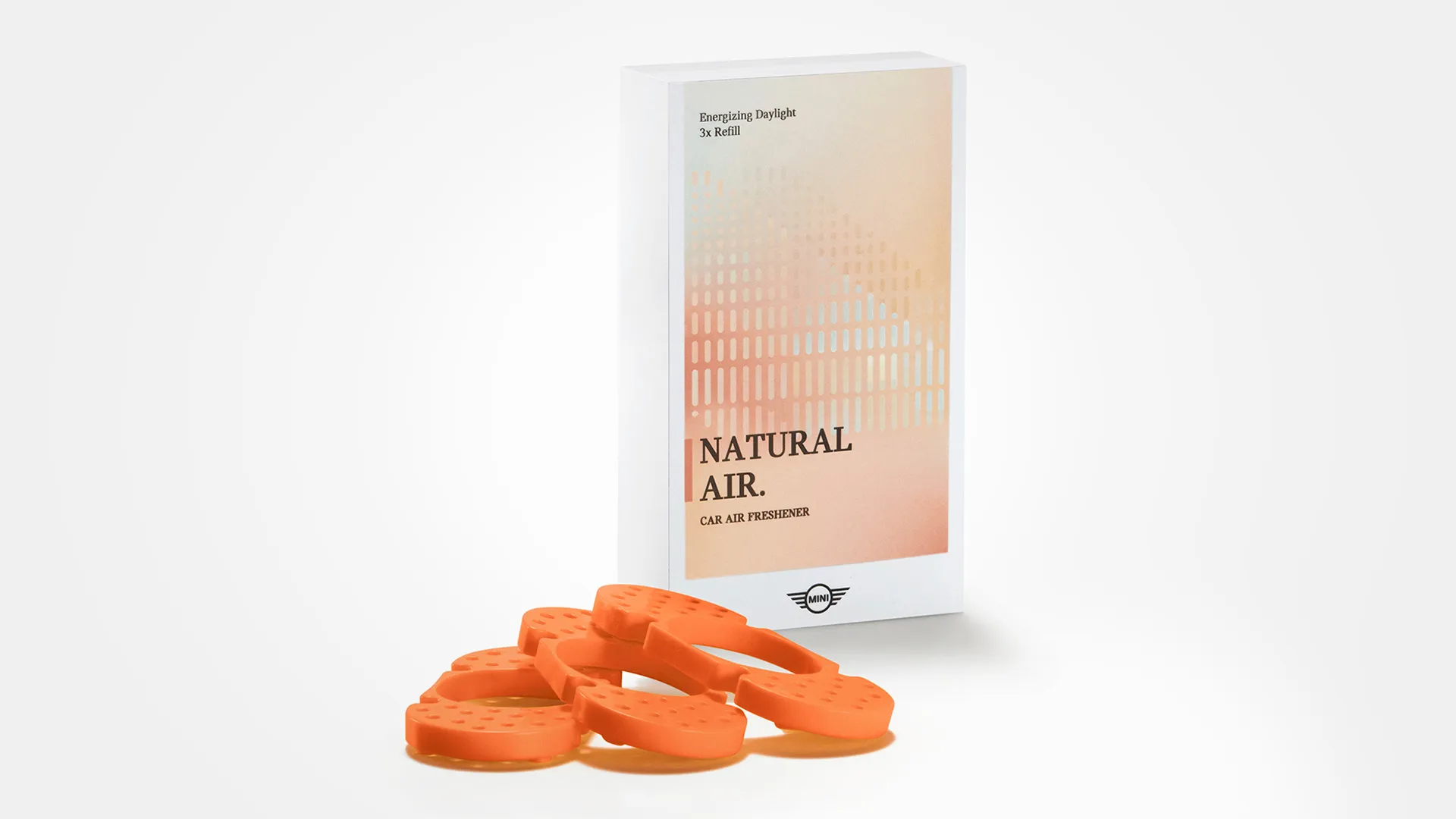 MINI Natural Air Refill pack with three fragrance sticks, each in an airtight sachet.
